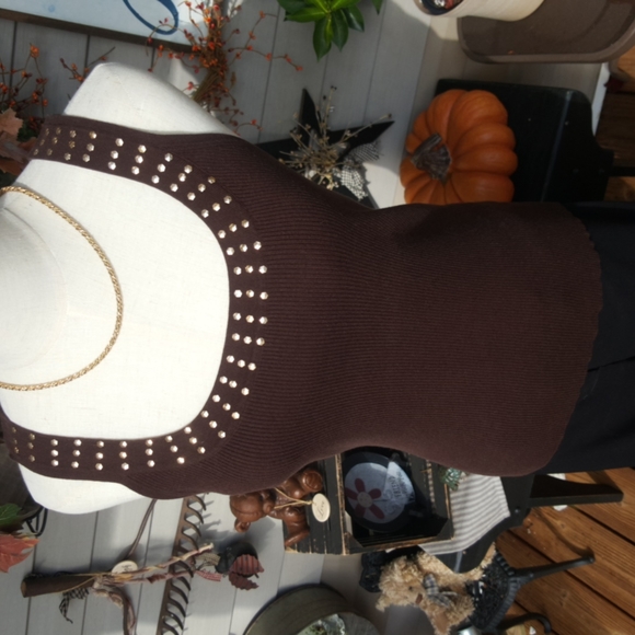 POINTELLE ♡ Vintage Brown Silk Ribbed Gold Rivet Scoop Neck Sleeveless Top S - Picture 10 of 14